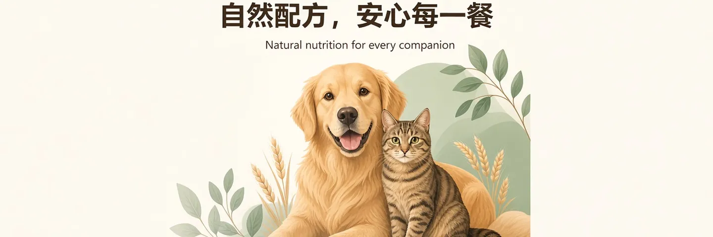 禾宠封面，金毛与虎斑猫，文案为自然配方，安心每一餐