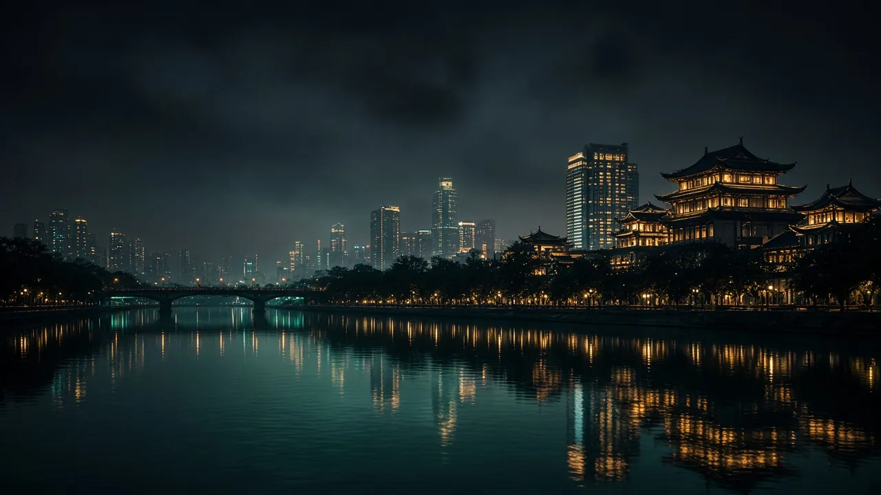 芜湖江岸夜色,沿河建筑的灯光倒映在江面